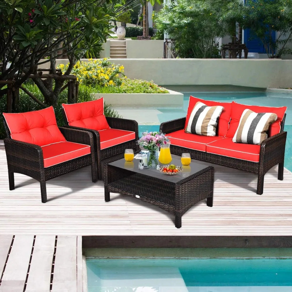 4 Piece Outdoor Wicker Patio Set Glass Coffee Table