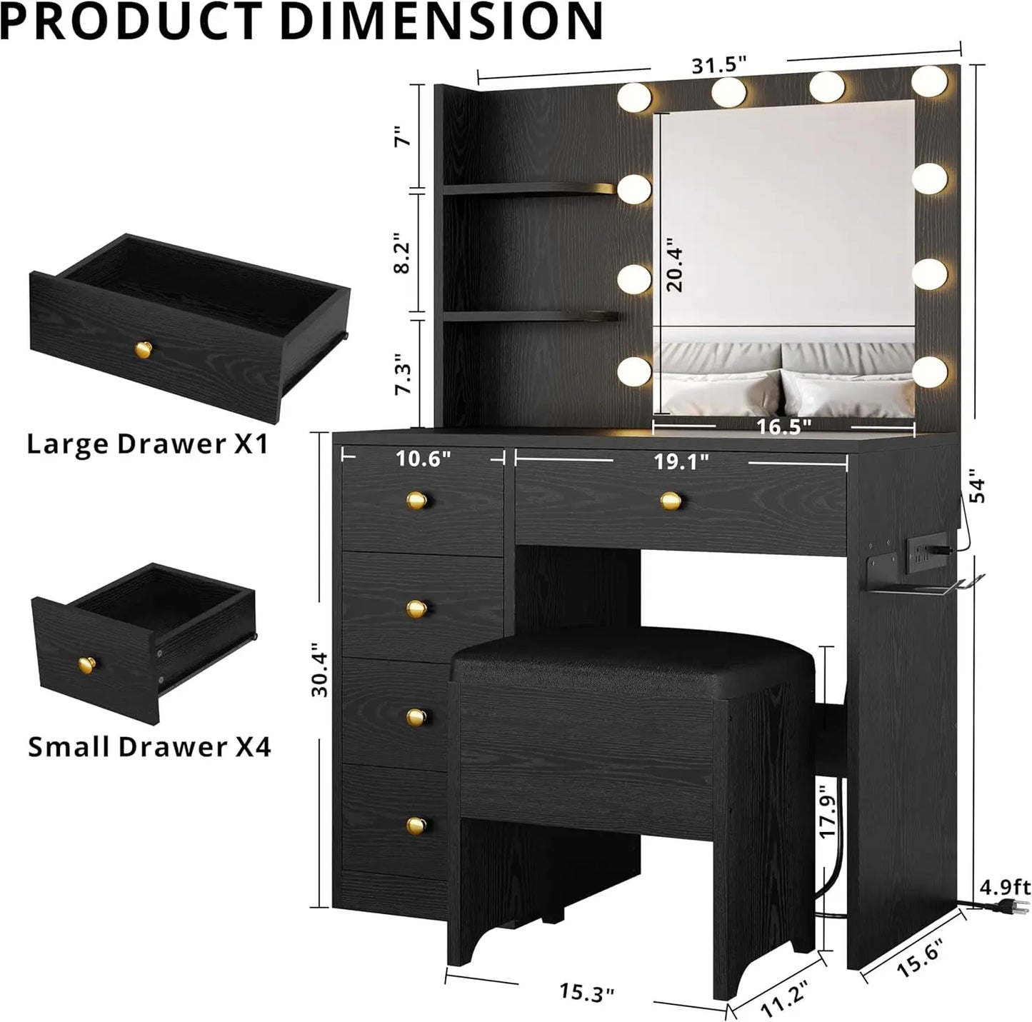 IRONCK Vanity Desk With Mirror And Lights Dressing Table