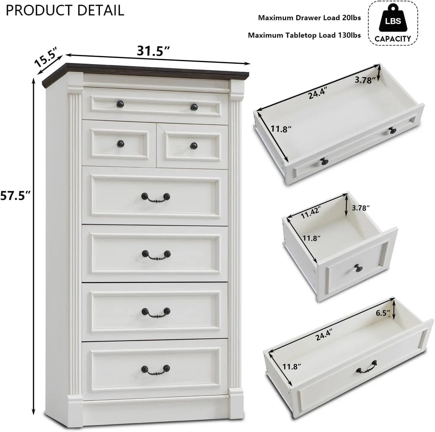 Gyroor Farmhouse 7 Drawer Dresser Roman Column Style