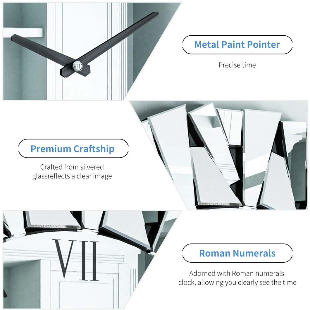 Large Wall Clock 3D Mirrored Sunburst 32 Roman Numeral