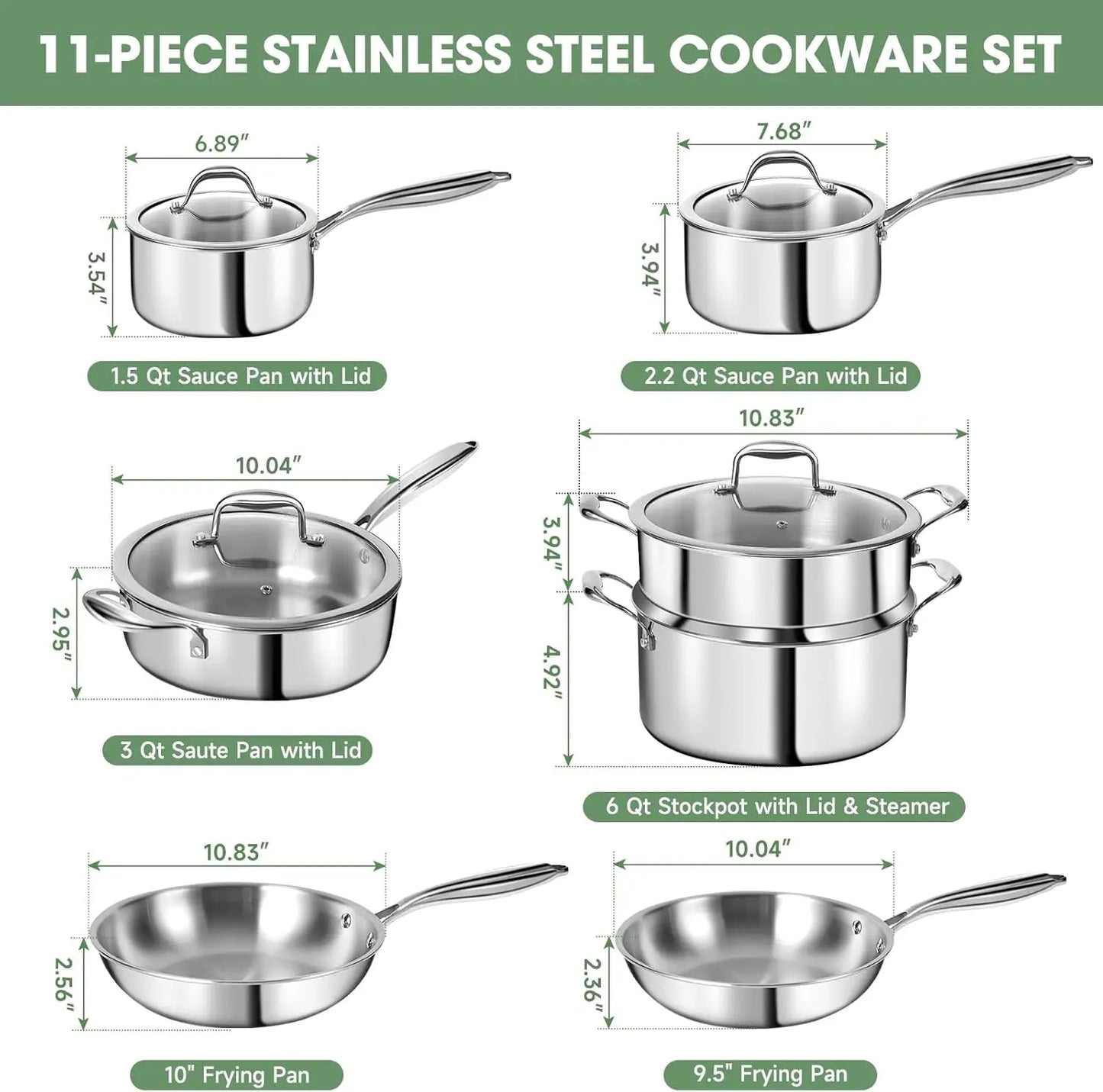 3 Ply Stainless Steel 11 Piece Cookware Set Induction Safe