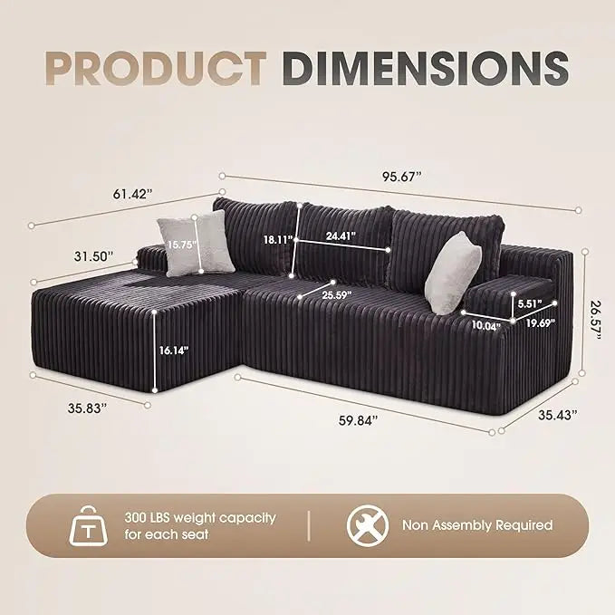 Modular L Shaped 3 Seat Sectional Memory Foam Storage Sofa
