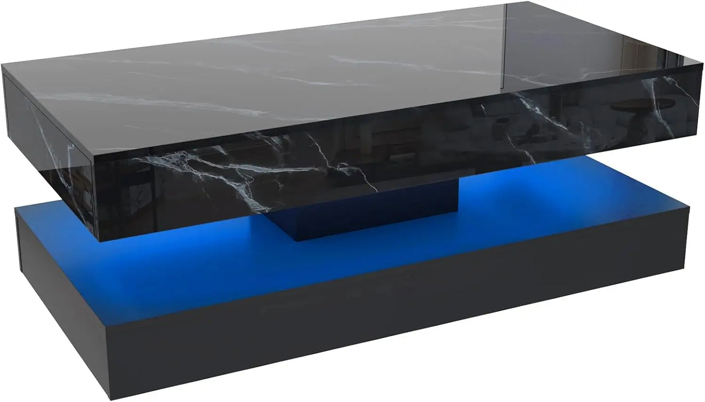 Modern Double Layer Coffee Table With Led Lights Drawers