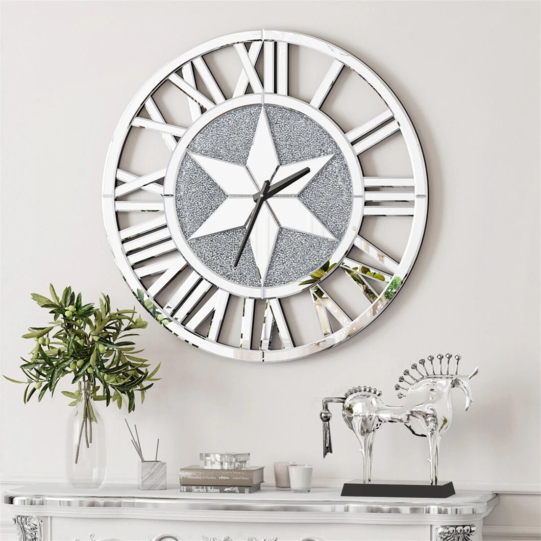 Large Mirrored Wall Clock 60CM Round Beveled Roman Skeleton