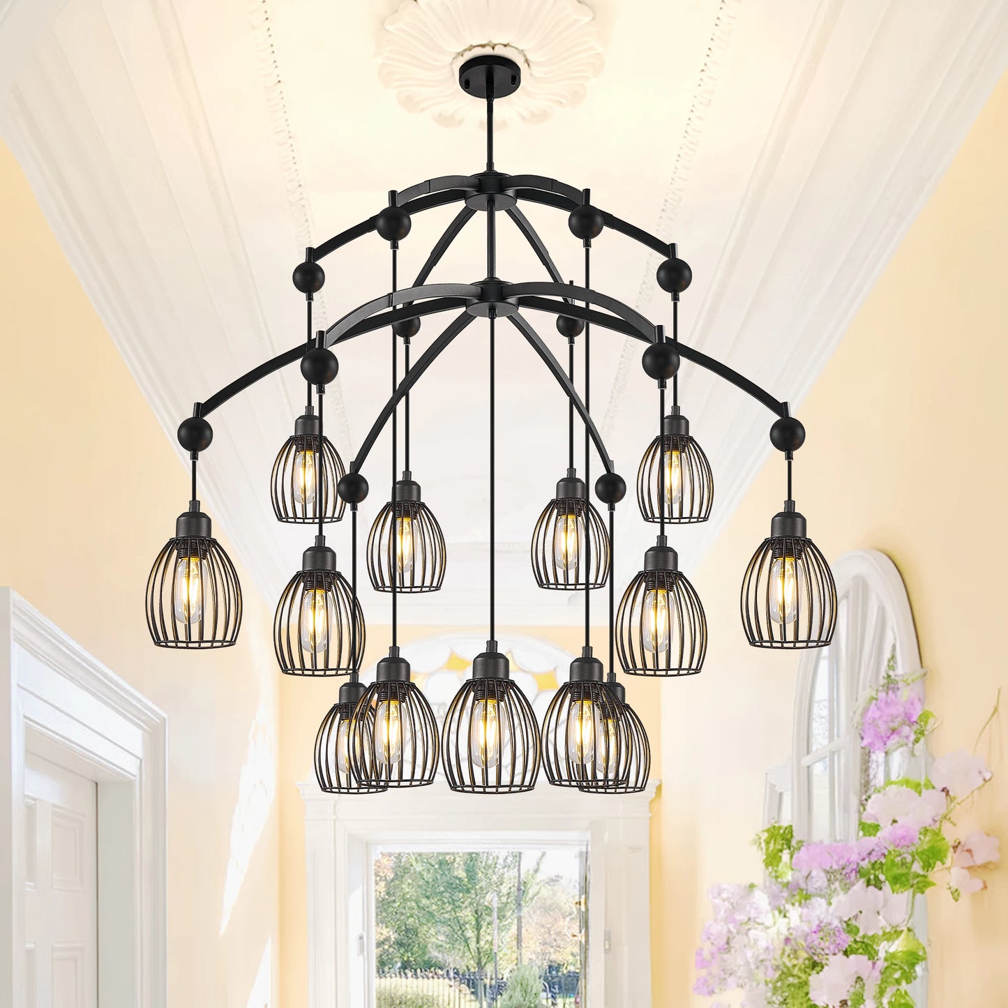 Modern Industrial Farmhouse Chandelier Black Rope Metal Cage