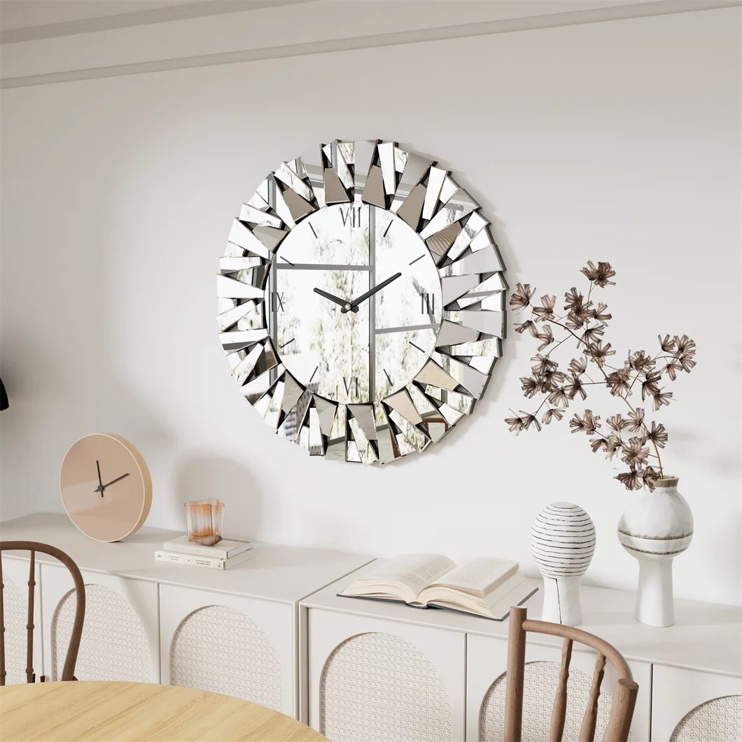 Large Wall Clock 3D Mirrored Sunburst 32 Roman Numeral
