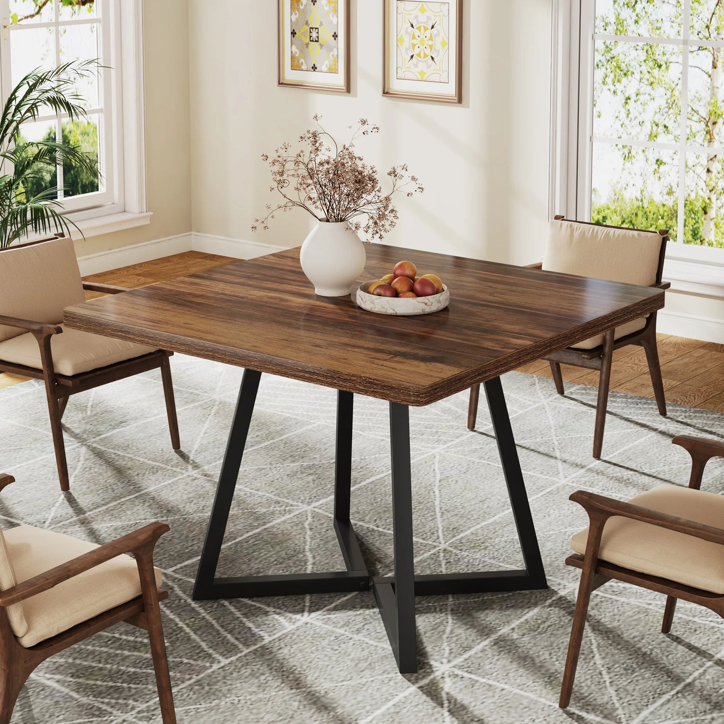 Tribesigns Square Dining Table For 4 Industrial Metal Base