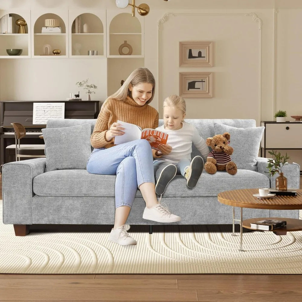 Chenille Sofa Three Seater For Small Spaces With Pillows