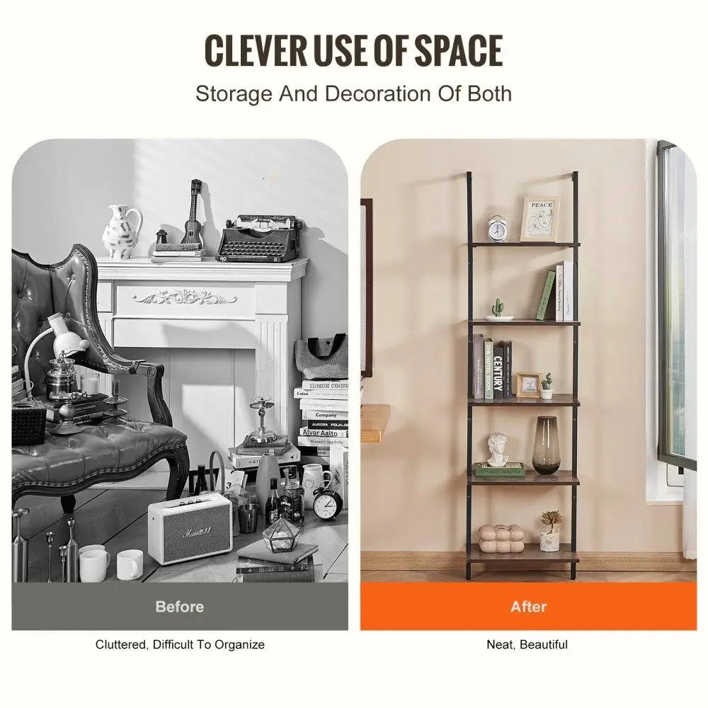 Industrial Pipe Shelf Five Tier Wall Mount Bedroom Storage