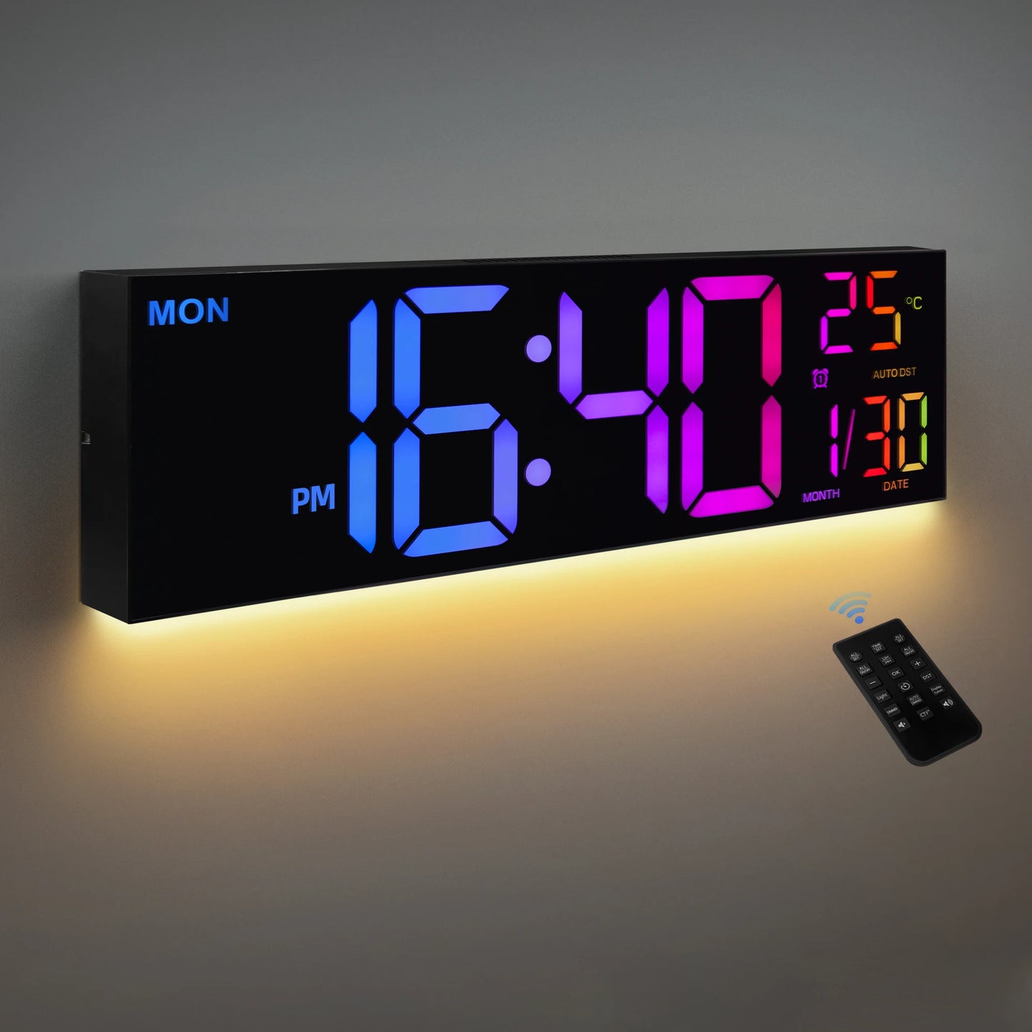16 Inch Digital Wall Clock With LED Display RGB Color Alarm