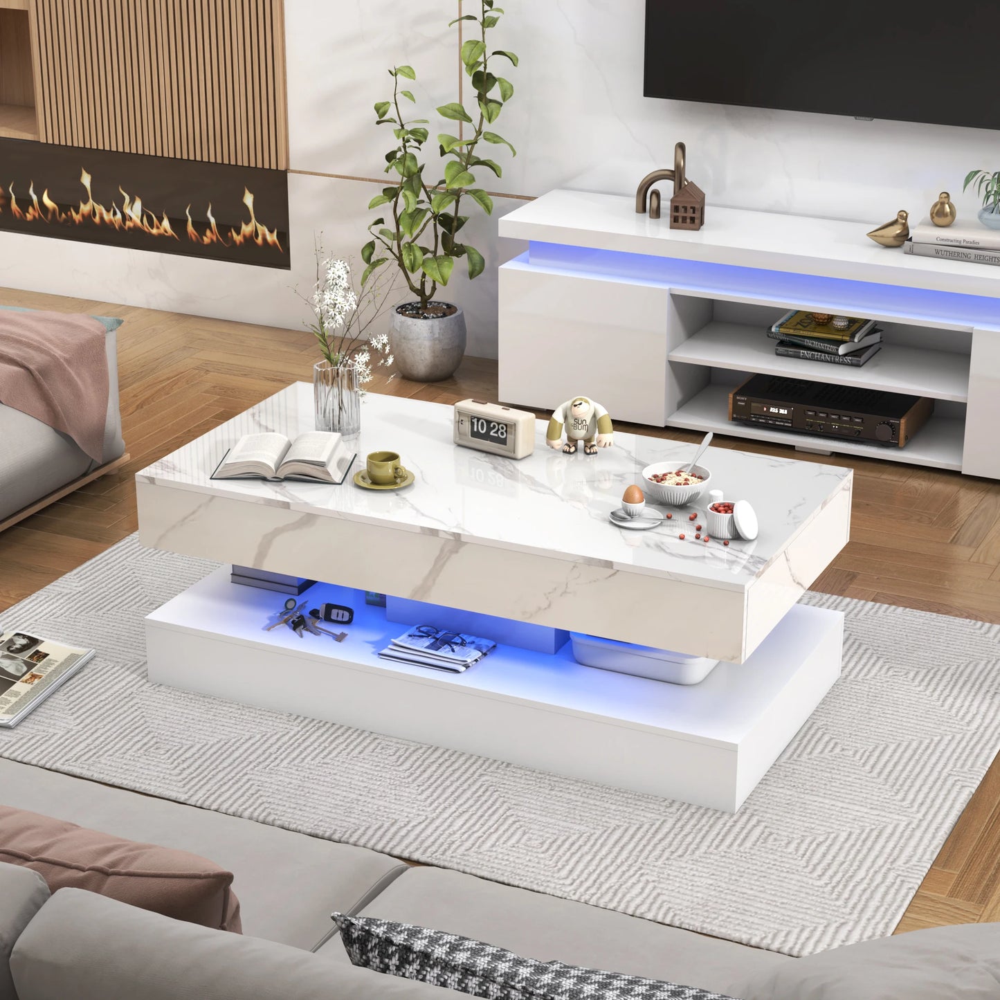 Modern Double Layer Coffee Table With Led Lights Drawers