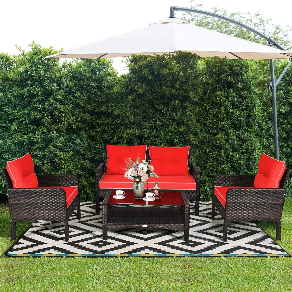 4 Piece Outdoor Wicker Patio Set Glass Coffee Table