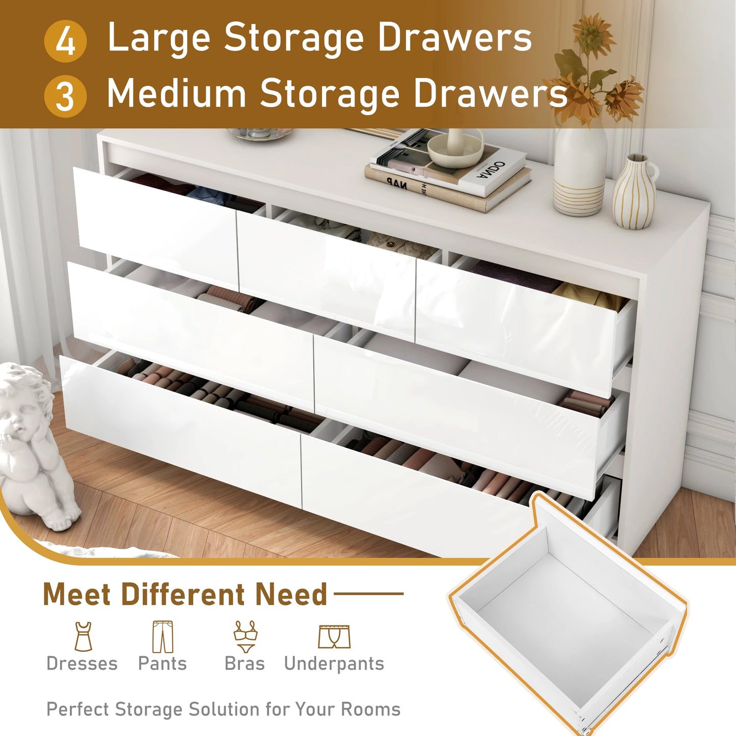 QiaoShiRen Seven Drawer Dresser for Bedroom High Gloss