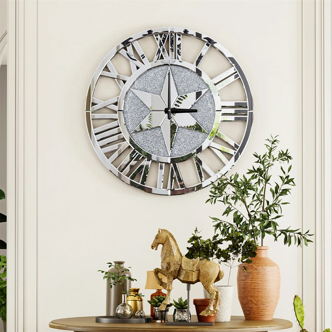 Large Mirrored Wall Clock 60cm Round Beveled Roman Numeral