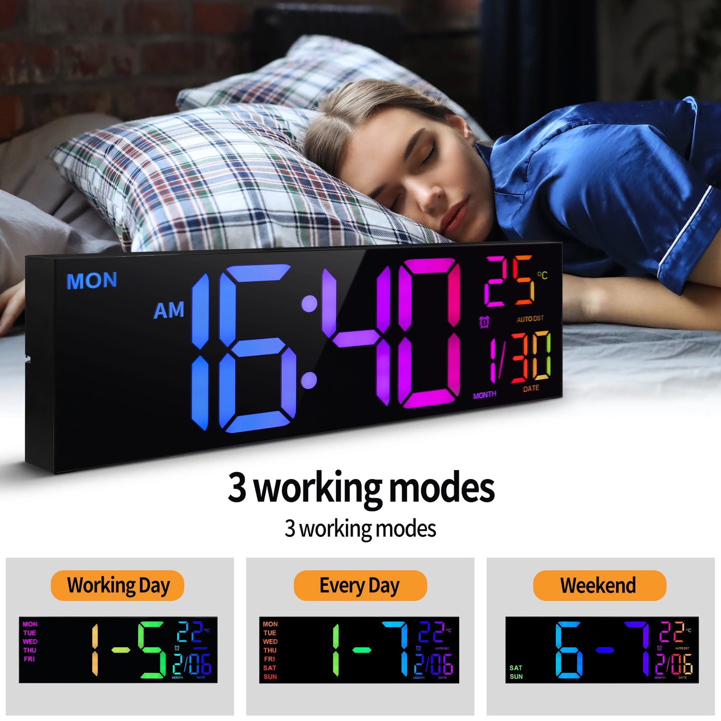 16 Inch Digital Wall Clock With LED Display RGB Color Alarm