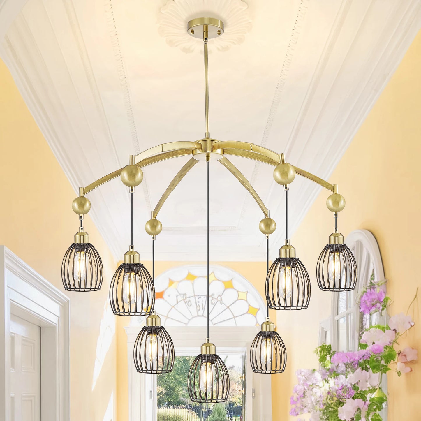 Industrial Adjustable Farmhouse Chandelier With Metal Cage Pendant Light