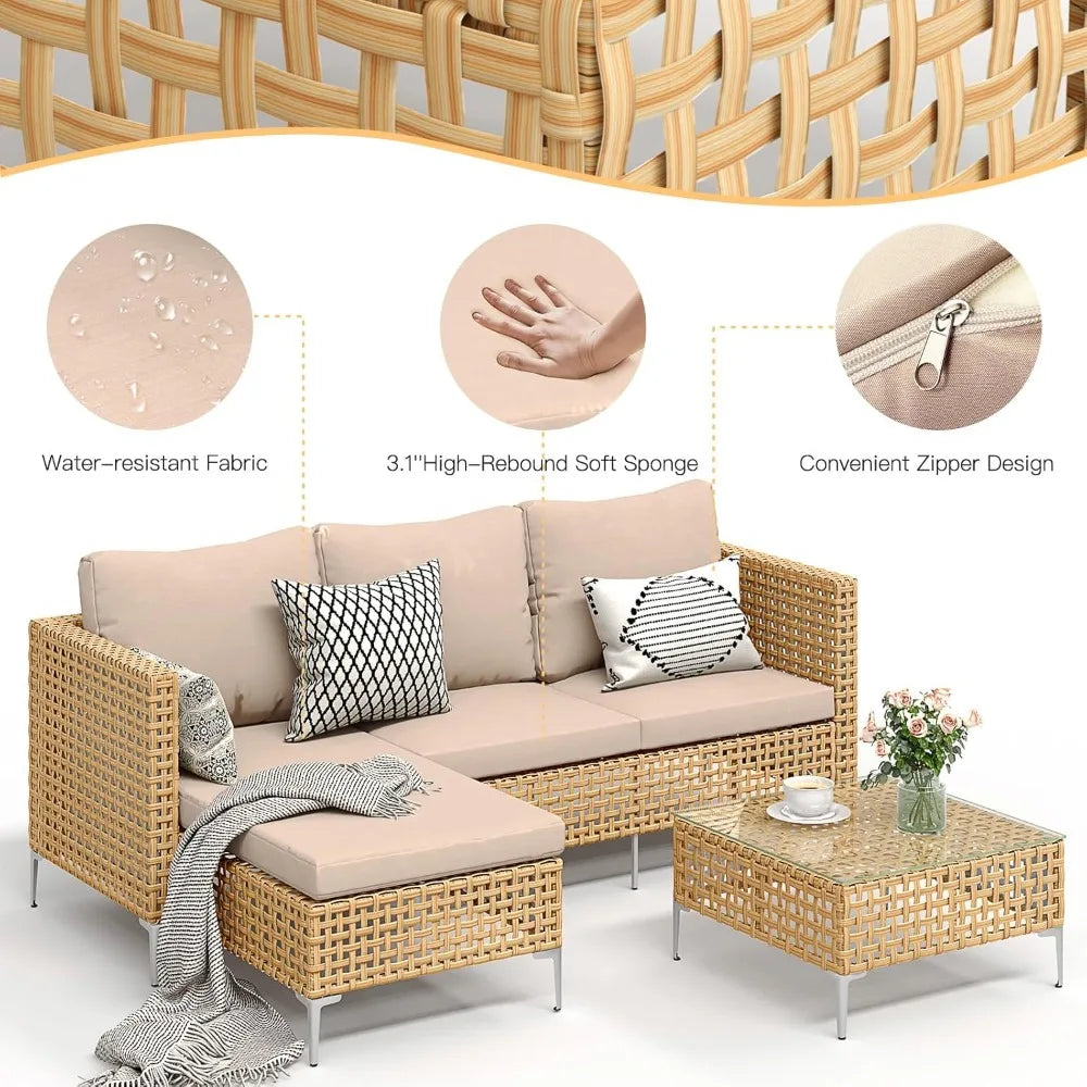 3 Piece Outdoor Patio Furniture Set L Shaped Sectional Sofa