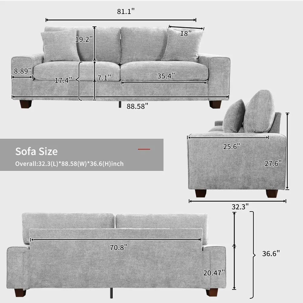 Chenille Sofa Three Seater For Small Spaces With Pillows