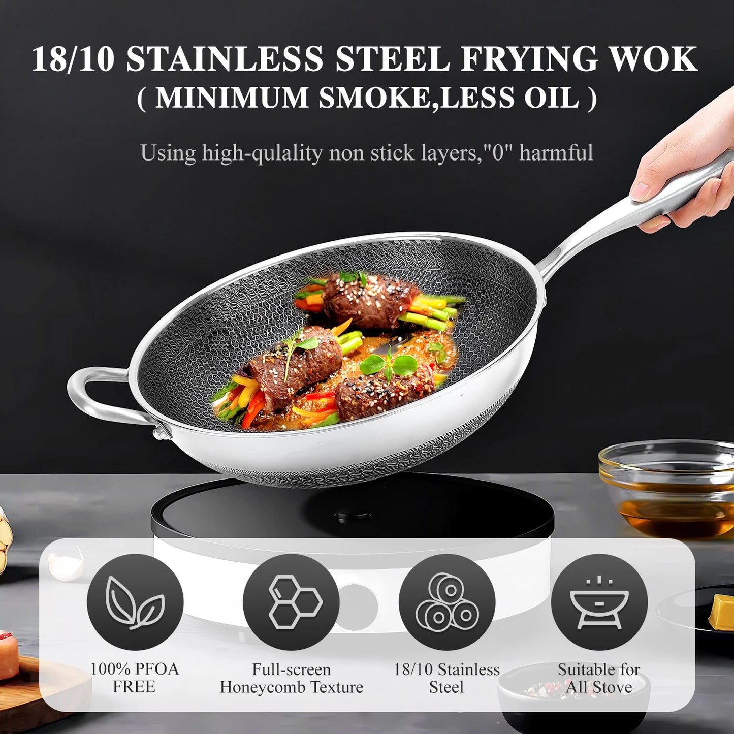 Hybrid 13 Inch Wok Pan With Lid PFOA Free Stainless Steel