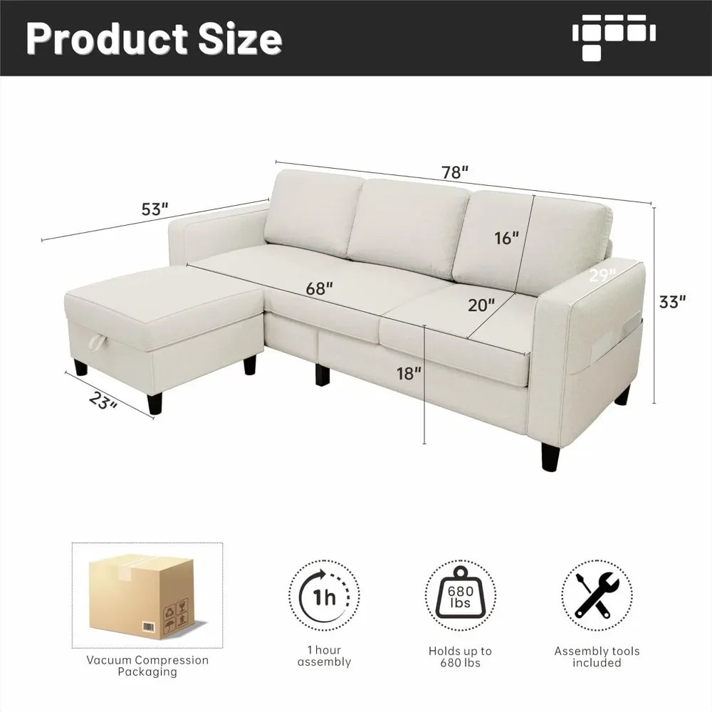 Sectional Sofa Couches For Living Room Beige 78 Inch