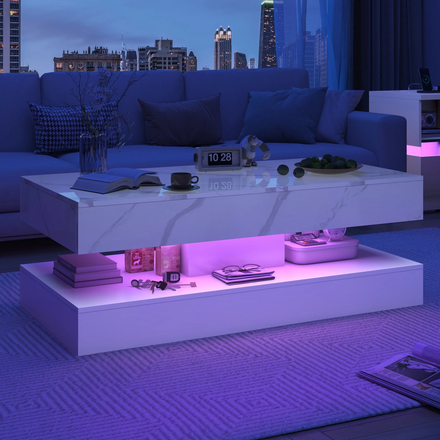 Modern Double Layer Coffee Table With Led Lights Drawers