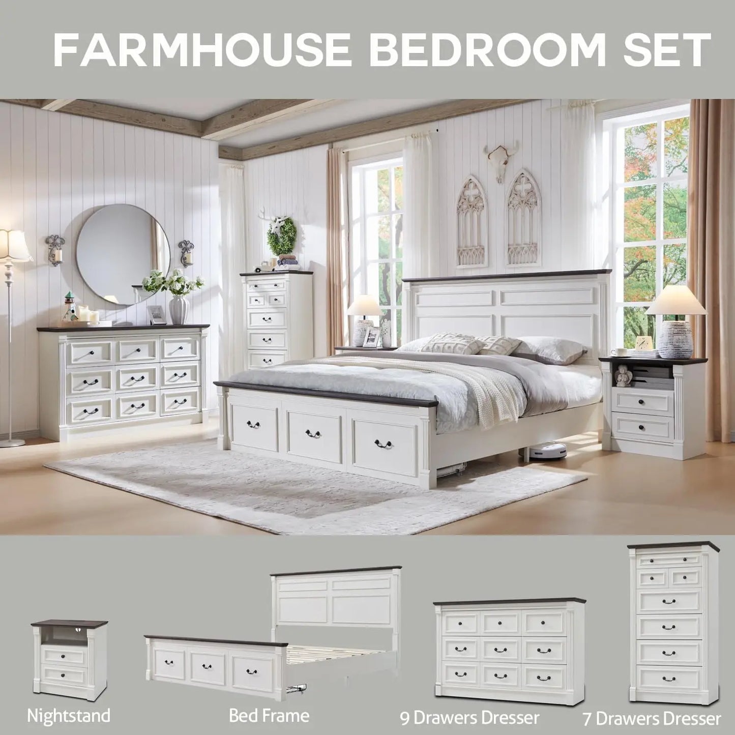 Gyroor Farmhouse 7 Drawer Dresser Roman Column Style