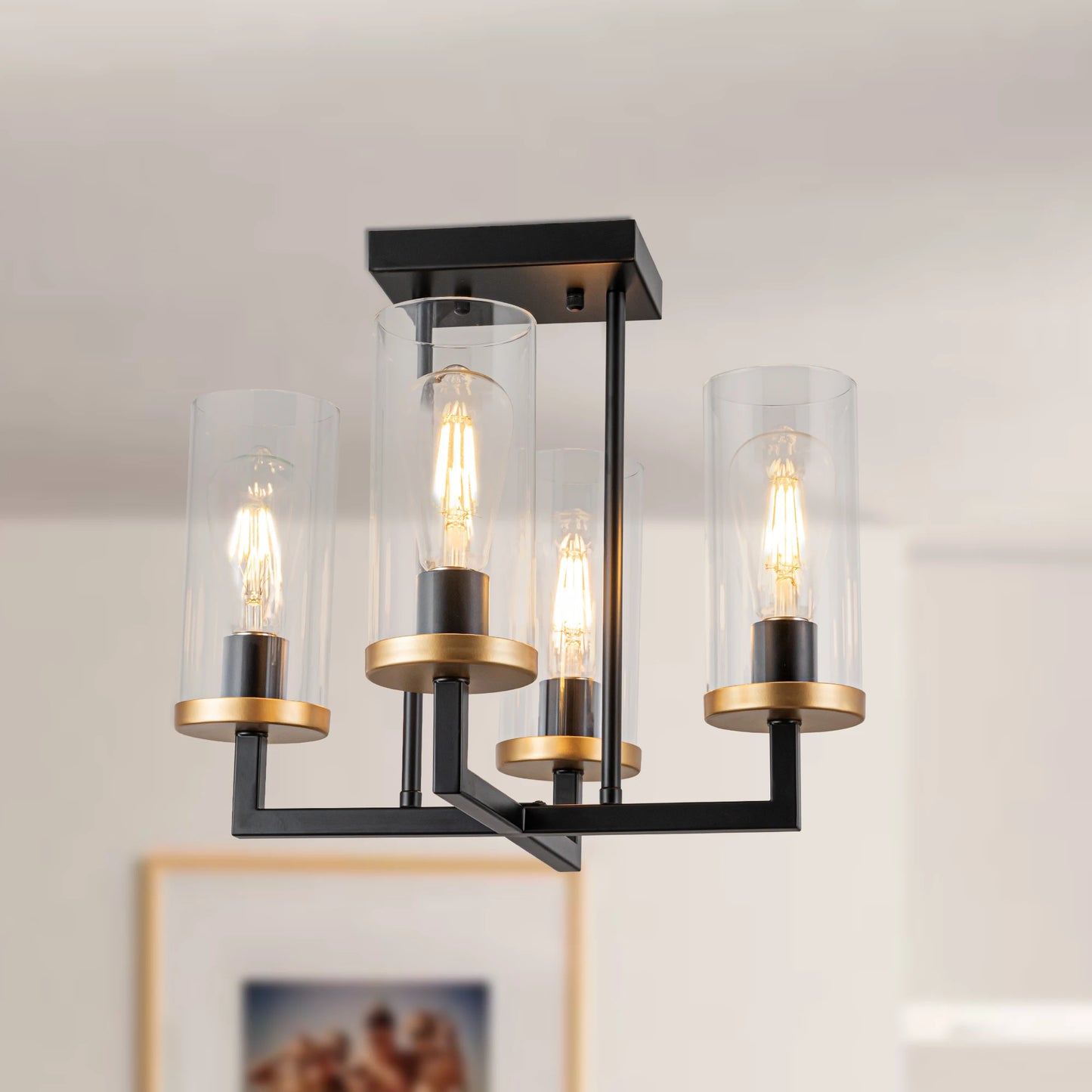 4 Lights Sleek Black Foyer Chandeliers For Kitchen Island