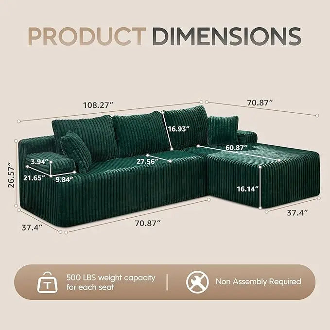 Modular L Shaped 3 Seat Sectional Memory Foam Storage Sofa