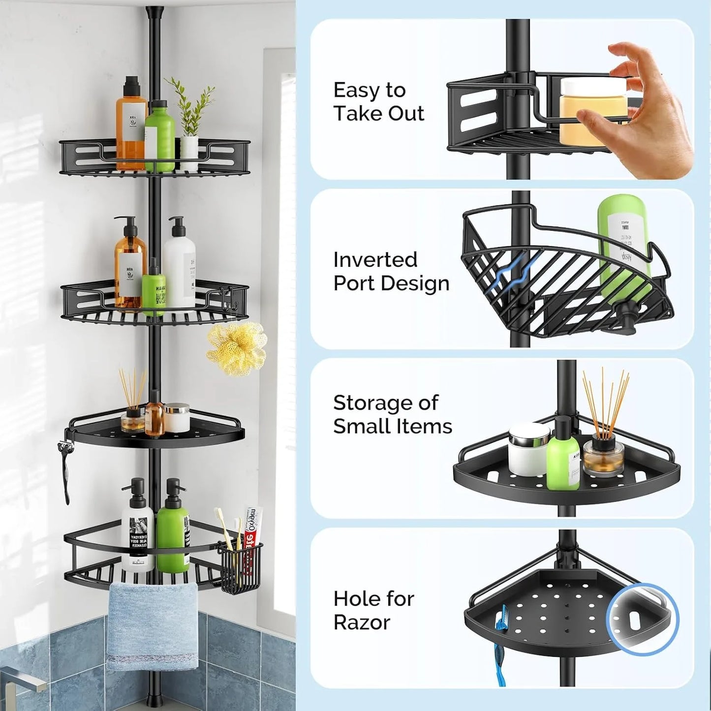 Corner Shower Caddy Tension Pole Four Tier Rustproof Organizer