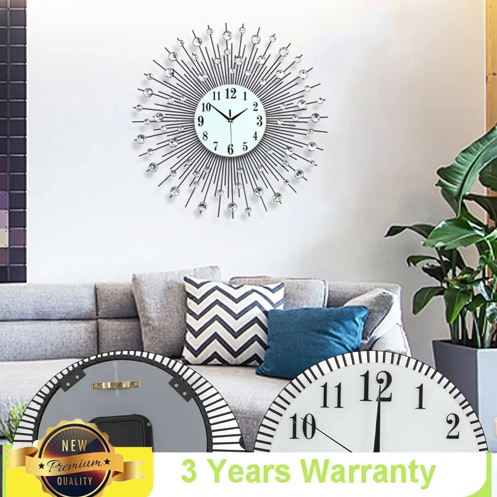 3D Large Metal Sunburst Wall Clock Diamond Decor 60x60cm