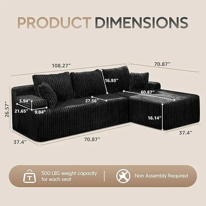 Modular L Shaped 3 Seat Sectional Memory Foam Storage Sofa