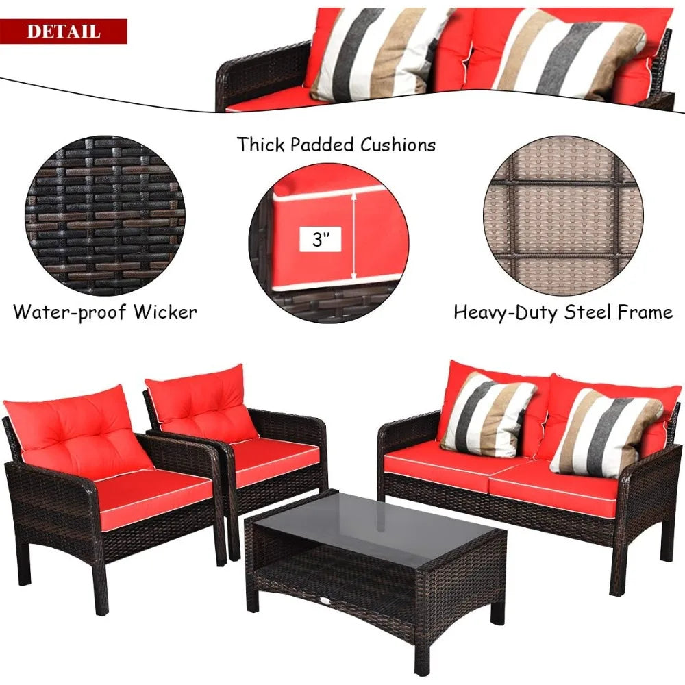 4 Piece Outdoor Wicker Patio Set Glass Coffee Table