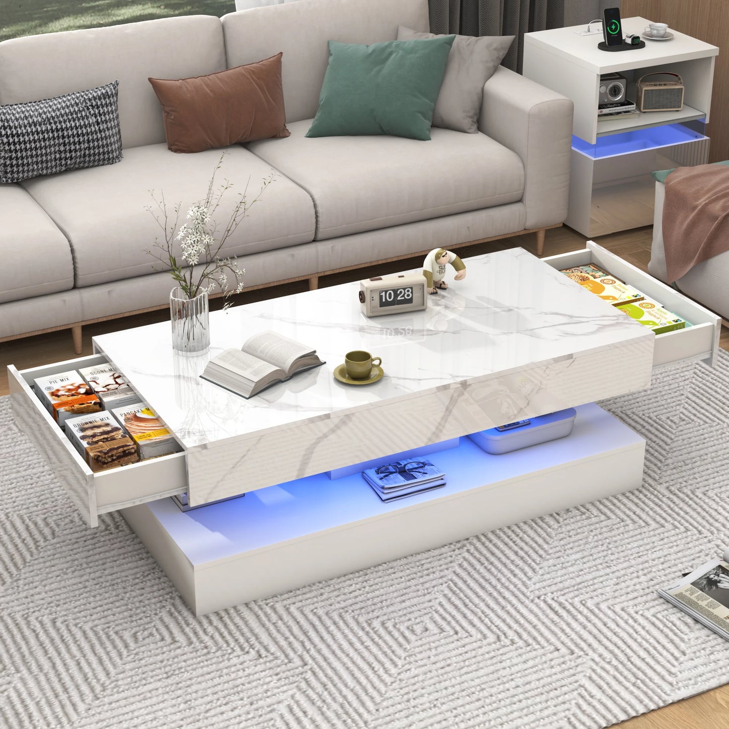 Modern Double Layer Coffee Table With Led Lights Drawers