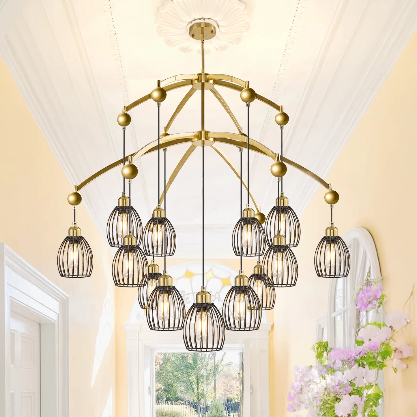 Industrial Adjustable Farmhouse Chandelier With Metal Cage Pendant Light