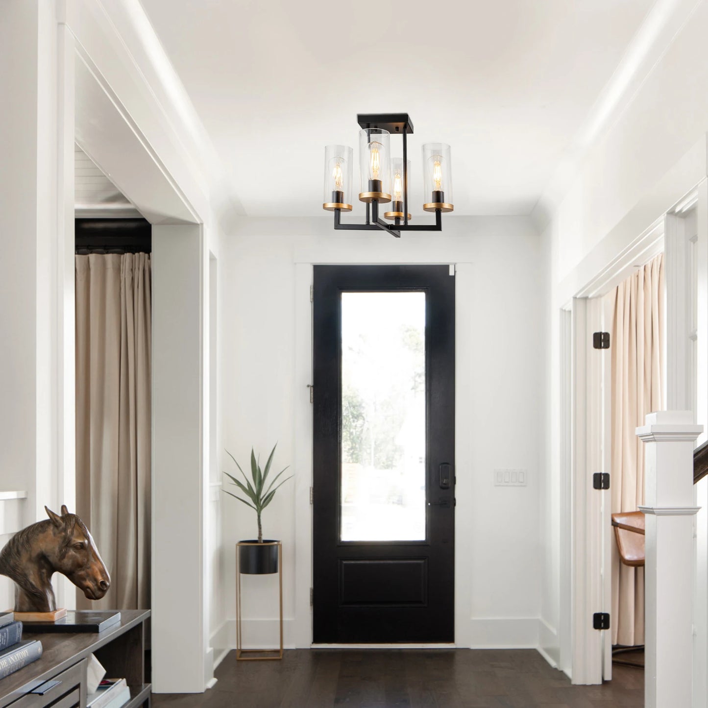 4 Lights Sleek Black Foyer Chandeliers For Kitchen Island