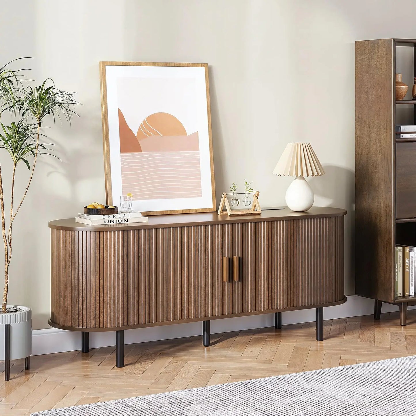 ONBRILL Walnut TV Stand With Power Outlet And Sliding Doors