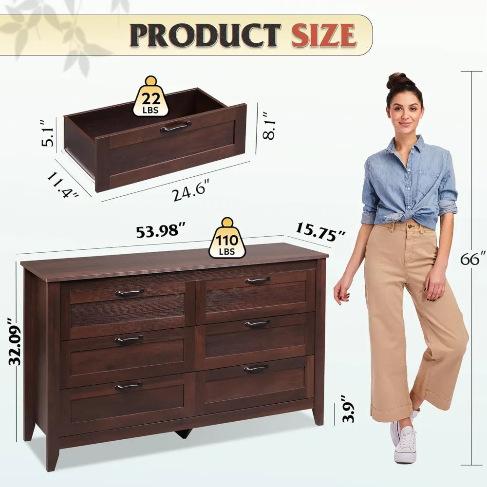 WLIVE Wood Dresser For Bedroom With Six Drawers Large