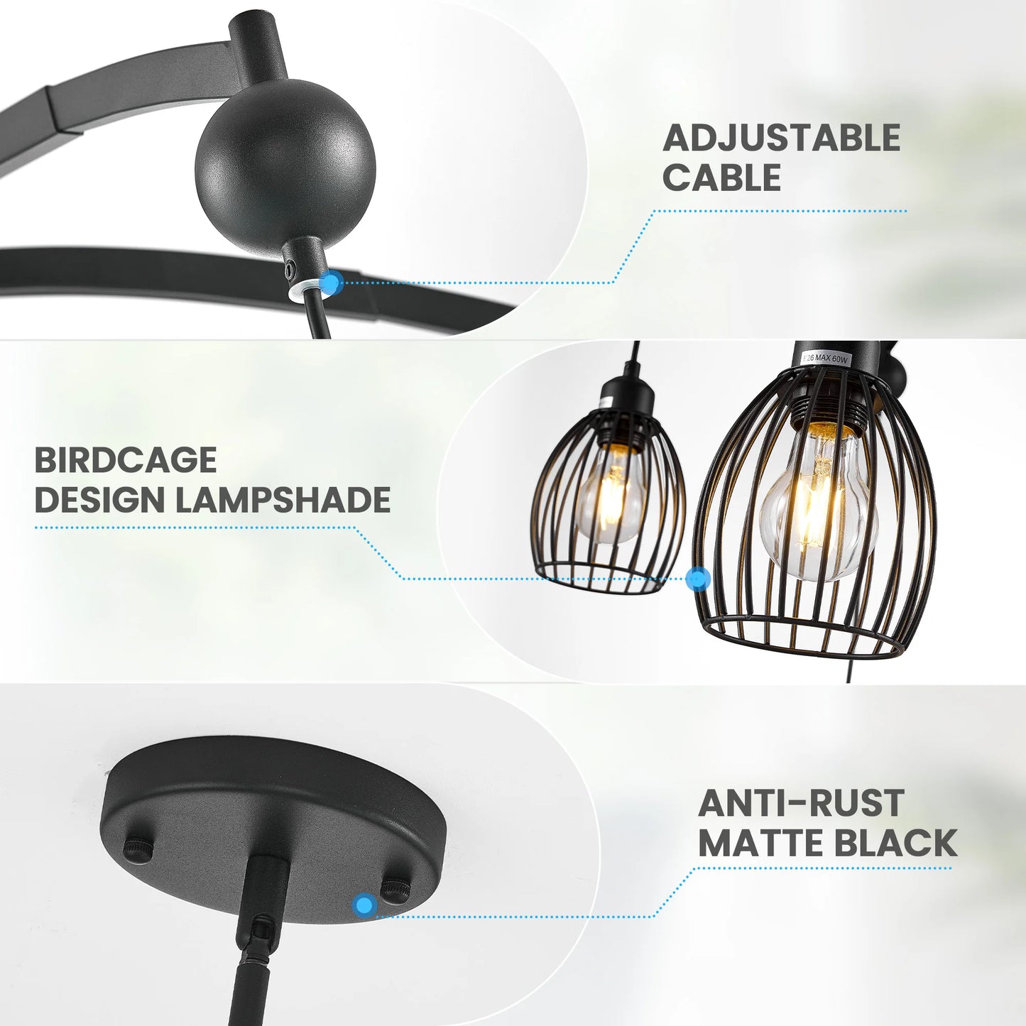 Modern Industrial Farmhouse Chandelier Black Rope Metal Cage